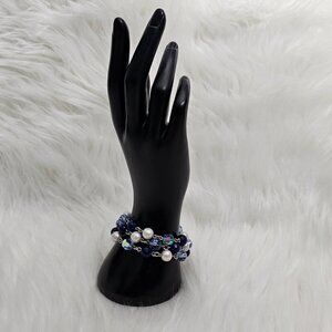 Trifari Silver Tone Blue Crystal Faux Pearl Three Strand Bracelet
